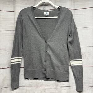 Old Navy Grey V-Neck Cardigan Sweater Varsity Stripe Sleeves Women's Medium